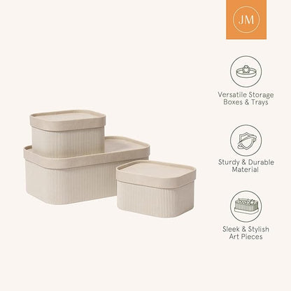 LA JOLIE MUSE Fluted Cardboard Storage Baskets with Leather-Like Lids, Sturdy Stackable Paper Boxes Decorative Tray, Light Grey, Set of 3