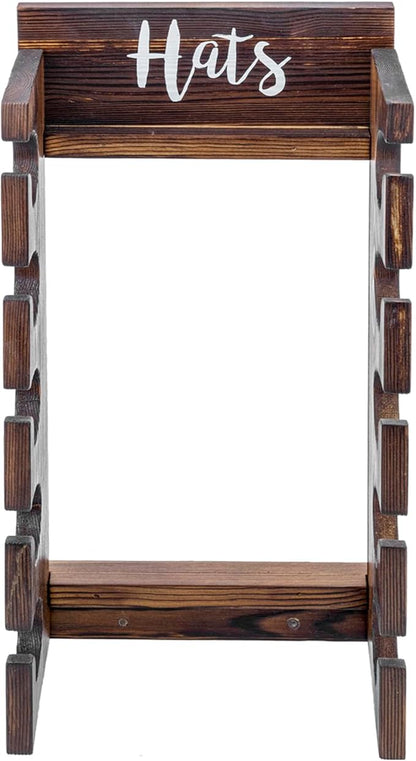 MyGift Wooden Hat Rack Wall Mount, Baseball Cap Organizer Display Holder, Hat Storage Shelf with White Cursive Hats Label,10 Hanging Hooks, Rustic Burnt Solid Wood