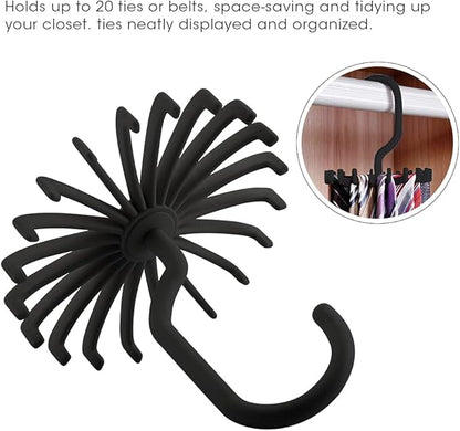 Tie Rack, 360 Degree Rotatable Belt and Scarf Hanger, 20 Hook Organizer, Black, PP Material, Space Saving Closet Storage, 4.3x4.3x0.6 Inch