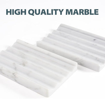 2 Pcs Soap Holder for Bathroom, Marble Soap Dish for Kitchen Countertop, Bathroom Tray with Creative Wavy Design, Soap Saver for Bath Tub, Sponges, Italian Natural Stone(Bianco Carrara)