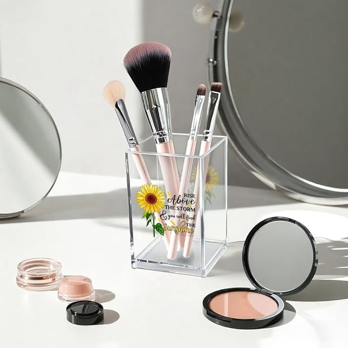 Rise Above The Storm and You Will find The Sunshine Acrylic Cosmetic Pencil Pen Holder Cup, Positive Sunflower Desk Organizer Accessories for Home Office Decor, Motivational Gifts for Women Girl