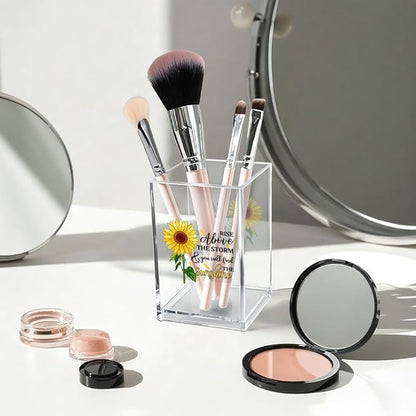 Rise Above The Storm and You Will find The Sunshine Acrylic Cosmetic Pencil Pen Holder Cup, Positive Sunflower Desk Organizer Accessories for Home Office Decor, Motivational Gifts for Women Girl