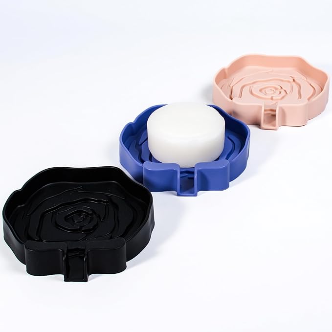 3PC Self-Draining Silicone Soap Dish, Soap Holder/Tray/Saver for Shower, Bathroom, Kitchen, Bathtub, Keep Soap Dry and Easy to Clean (Dark Color)