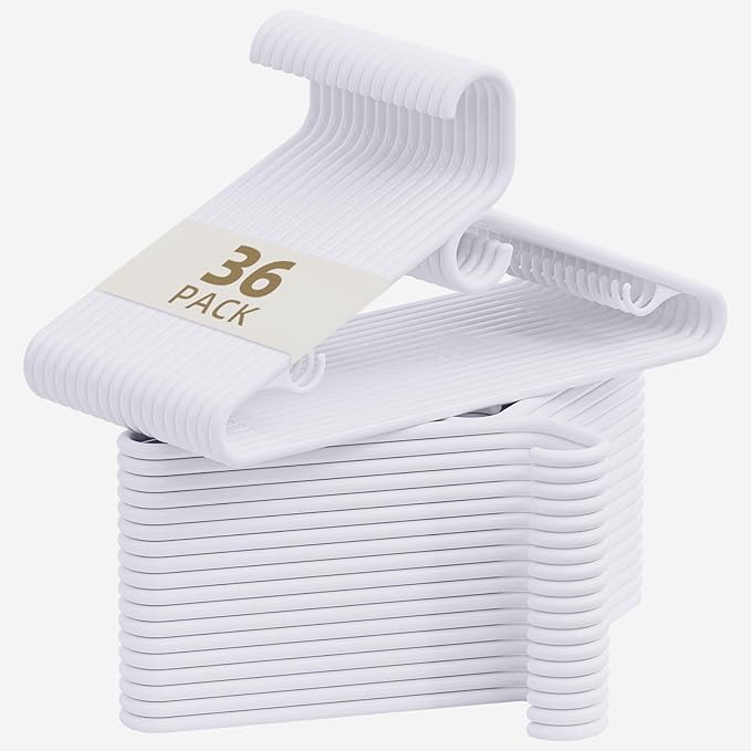 White Plastic Hangers 36 Pack, Heavy Duty Clothes Hangers with Center Hook & Non-Slip Pants Bar for Standard Size Shirts, Pants, Coat, Dresses, Jackets, Scarves and Belts