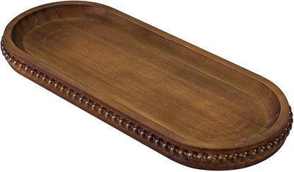 MAONAME Oval Bathroom Vanity Tray, Long Narrow Wood Tray, Rustic Decorative Trays with Beaded, Farmhouse Toilet Tank Trays for Dresser, 12" x 4.7"