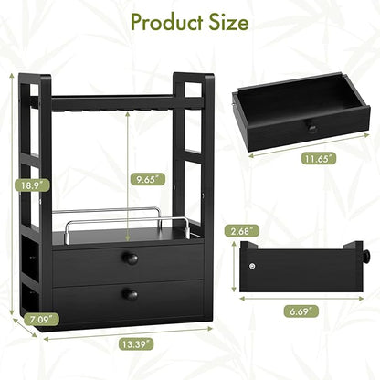 AmazerBath Bamboo Bathroom Countertop Organizer, 2-Tier Makeup Organizer with 2 Drawers, Vanity Organizer Storage Coffee Matcha Station, Compact Shelf for Bathroom Kitchen Office, Black