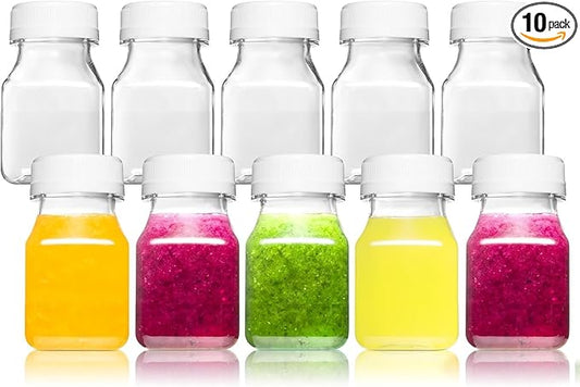 Norcalway 10pcs 2oz Plastic Shot Bottles with Caps - Ginger Shot - Freezer Safe, Leak Proof, BPA Free, Food Grade Small Plastic Travel Bottles with Caps