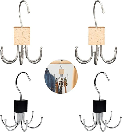 Belt Hanger, 4Pcs Belt Organizer for Closet 360°,Rotatable Max 48 Belt Storage Rack Space Saving Storage Rack for Belt, Bra, Tank Top, Tie, Scarf (2Wood Color 2Black)
