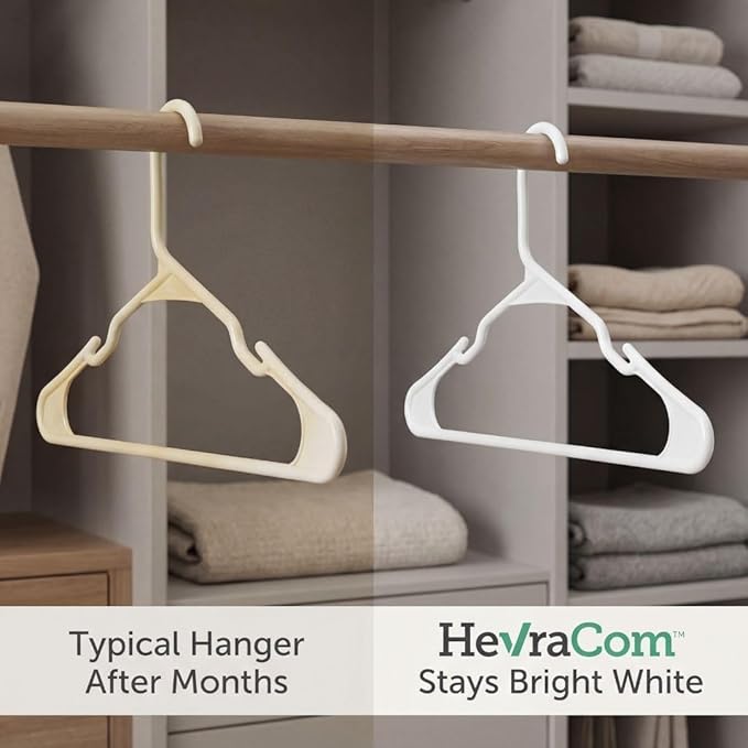 HevraCom White Plastic Hangers 50 Pack - Strong & Durable Non Slip Clothes Hangers for Closet, Space Saving Coat and Pant Hanger with Shoulder Grooves, Clipless Design