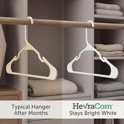 HevraCom White Plastic Hangers 50 Pack - Strong & Durable Non Slip Clothes Hangers for Closet, Space Saving Coat and Pant Hanger with Shoulder Grooves, Clipless Design