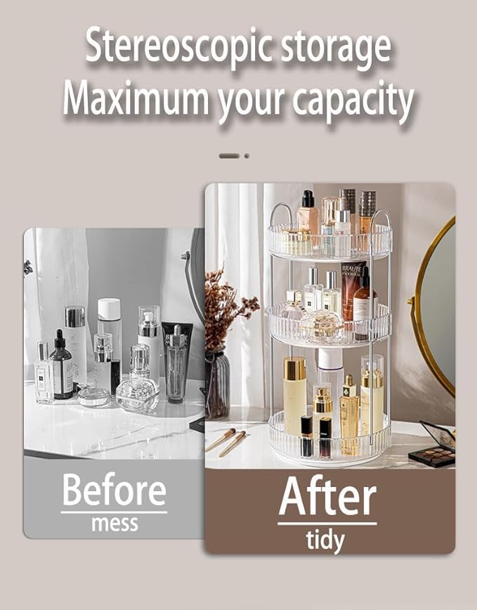 Skincare Organizers 360 Rotating, 3 Tier Round Makeup Organizer Countertop,Holder Rack Large Spinning Cosmetics Display Cases, Perfume Beauty Storage for Vanity, Countertop, Bathroom (Gray)