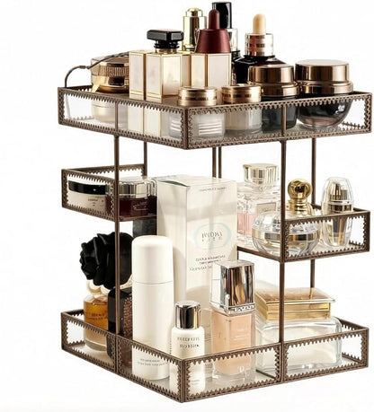 360 Rotating Glass Makeup Organizer, Spinning Vanity Cosmetic Storage with Multi-Layer Compartments, Luxury Countertop Rotating Makeup Holder for Skincare, Perfume, Cosmetics
