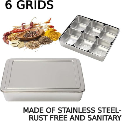 Japard 2 Pcs Stainless Steel Seasoning Box with Lid, Food Storage Container with Tray Spice Organizer Jars, 6 Grids Spice Salt Sugar, Kitchen Utensils