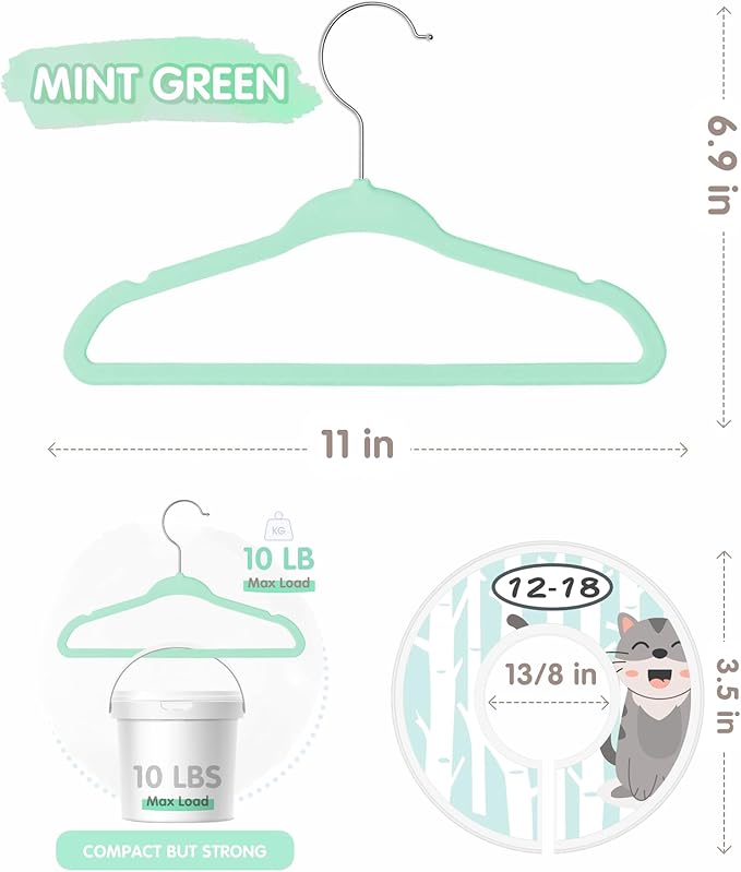 VIS'V Baby Hangers, 11 Inch Velvet Kids Hangers with 6 Pcs Clothes Size Dividers, Infant Toddler Nursery Closet Organization, Non Slip, Mint Green, 50 Pcs