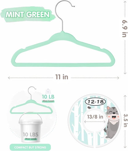 VIS'V Baby Hangers, 11 Inch Velvet Kids Hangers with 6 Pcs Clothes Size Dividers, Infant Toddler Nursery Closet Organization, Non Slip, Mint Green, 50 Pcs