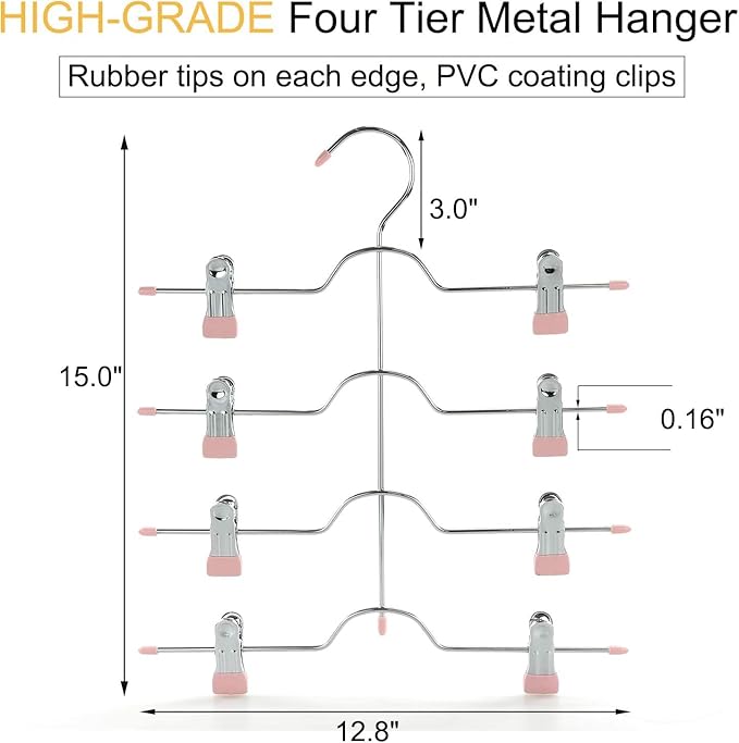 TOPIA HANGER 4 Tier Metal Skirt Hangers for Women, Pants Hanger Space Saving with Adjustable Clips, Gain 70% More Space, Non Slip Grip for Slacks, Trousers, Shorts, Jeans, Towels, Pink, 4-Pack, CT61P