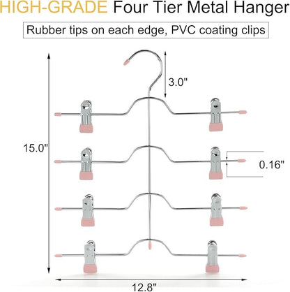 TOPIA HANGER 4 Tier Metal Skirt Hangers for Women, Pants Hanger Space Saving with Adjustable Clips, Gain 70% More Space, Non Slip Grip for Slacks, Trousers, Shorts, Jeans, Towels, Pink, 4-Pack, CT61P