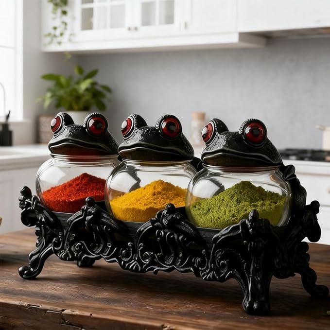 Handcrafted Witchy Frog Apothecary Spice Jars,Gothic Food Storage Containers, Frog Spice Jar Set for Salt Pepper and Herbs,3 Piece Spice Cellars, Kitchen Décor for Spices, Tea Leaves