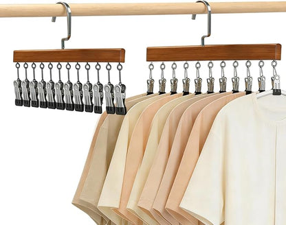 Closet Organizer with 12 Clips, Space Saving Hangers for Clothes, Hanging Closet Organizers and Storage, Wooden Socks Hats Pants Hangers with Clips, for Small Room Organization (2 Pack)