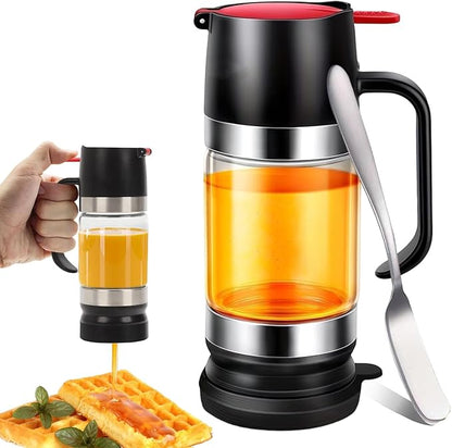 Honey Dispenser No Drip with Base, 12oz Glass Honey Dispenser with Handle, Pressure Design for Quantitative Honey Extraction Syrup and Jam (Black)