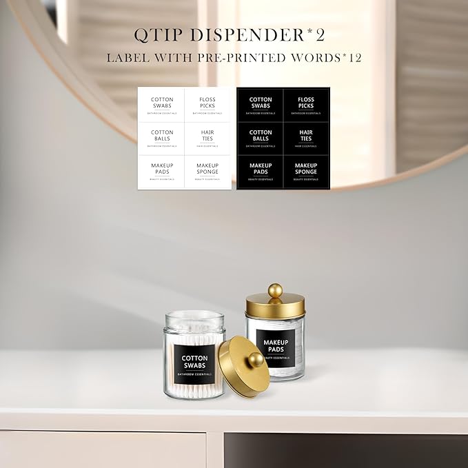 SheeChung Qtip Holder Dispenser for Bathroom Vanity Organizer and Farmhouse Decor - Stylish Glass Apothecary Jar with Stainless Steel Lid and Stickers,Bathroom Countertop Storage Canister(Gold,2Pack)