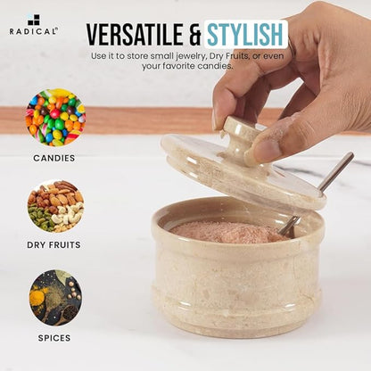 Radicaln Marble Salt Cellar with Lid 4" Inch Verona Handmade Salt Jar & Spice Storage Containers For Kitchen Countertop, Ideal Sugar Bowl & Salt dish For Table