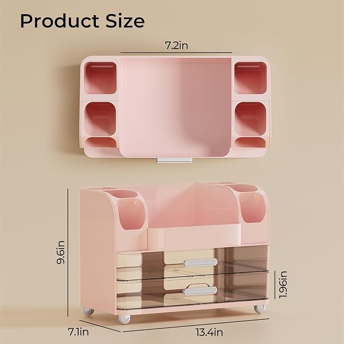 Makeup Organizer for Vanity with 2 Large Drawers, Cosmetic Display Case with Brush Holders, Easy to Storage for Bathroom Countertop Skincare, Perfume, Pink