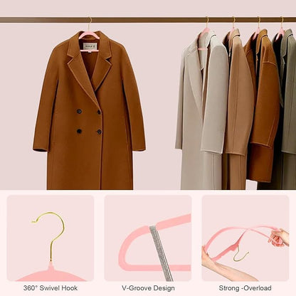 52 Packs Velvet Clothes Hangers, 17.3 Inches Non-Slip Skirt Hangers, Sturdy Dresses Hangers with Shoulder Notches, Space Saving Clothing Hangers for Adults, Pink with Gold Hook
