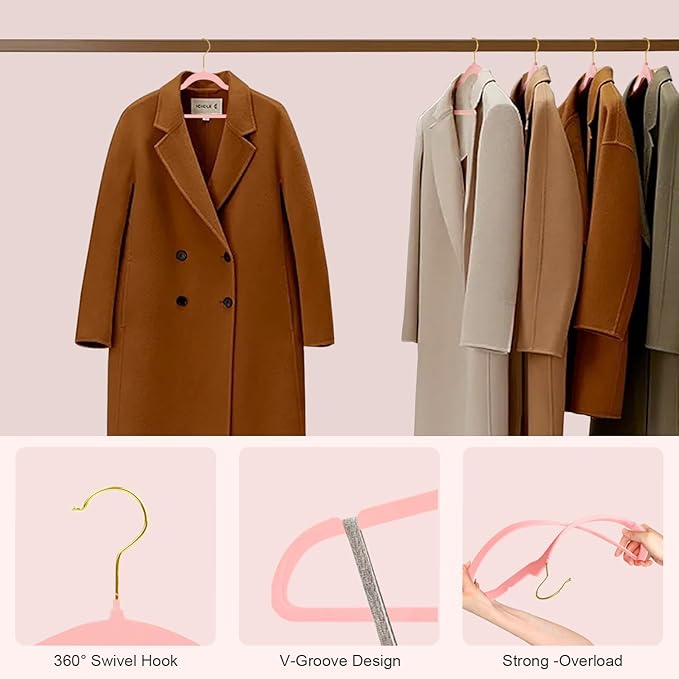 36 Packs Velvet Clothes Hangers, 17.3 Inches Non-Slip Skirt Hangers, Sturdy Dresses Hangers with Shoulder Notches, Space Saving Clothing Hangers for Adults, Pink with Gold Hook
