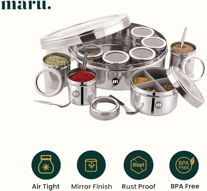 MARU 12 IN 1 Stainless Steel Indian Masala Box with See Through Lids, Elegant Spice box, Masala Dabba with 9 Spice Containers & 4 spoons for Kitchen Rack Organizer, Spice Storage Container for Kitchen