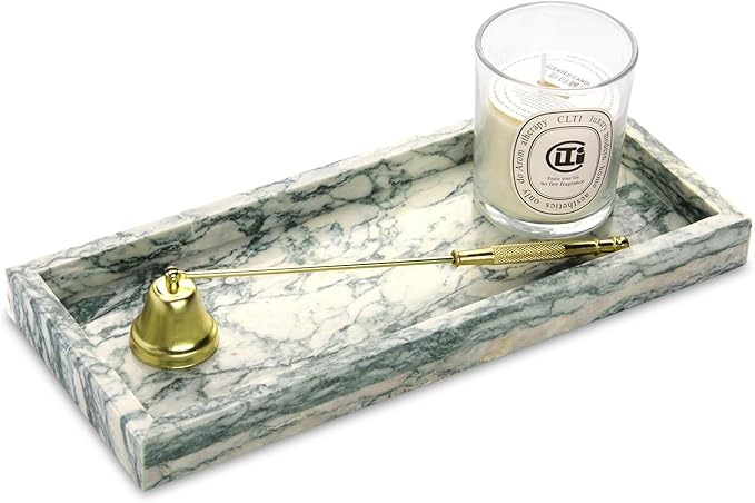 Marble Bathroom Vanity Tray, Natural Luxury Vanity Home Kitchen Bathroom Table Tray, Stone Decorative Countertop Dresser Trays for Key Coffee Perfume Jewelry Makeup (Green Texture, 12"x 5" x1.2")