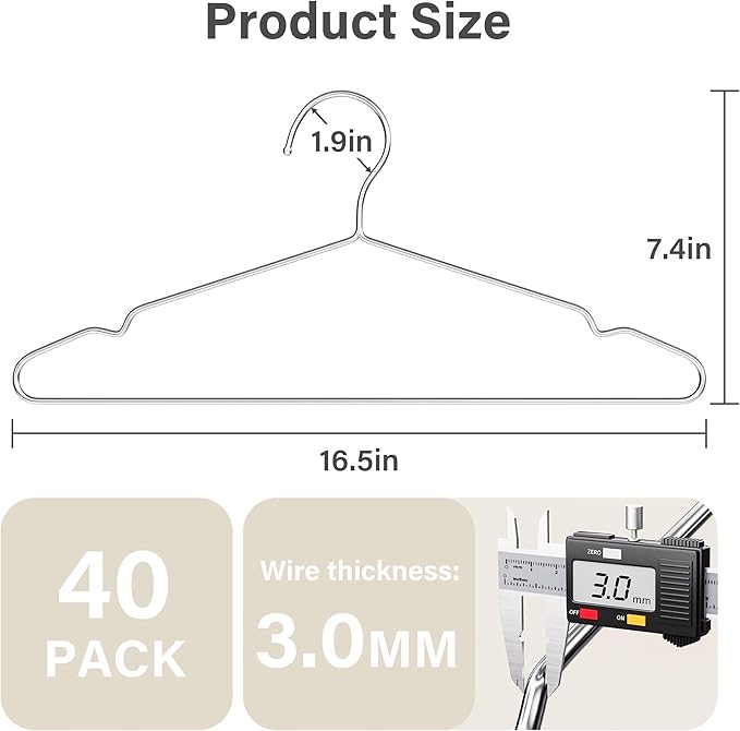 Vakoo Coat Hanger, 40 Pack Metal Wire Hangers for Clothes, Stainless Steel, Heavy Duty, Ultra Thin, Space Saving, 16.5 Inch
