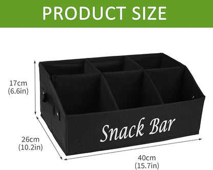 Snack Organizer for Countertop, Trapezoid Fabric Snack Bin Holder with Side Handles, 6 Compartment Snack Basket Container, Lightweight Snack Bar Station Organizer, Kitchen Pantry Storage-Black