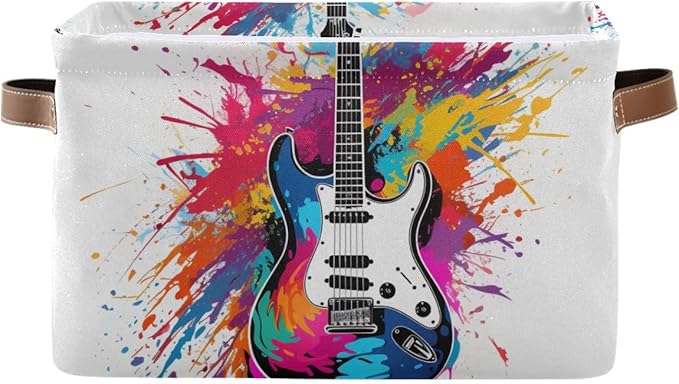 Storage Basket Colorful Guitar Painting Durable Canvas Collapsible Toy Box Organizer Bin with Handles for Shelf Closet Bedroom Home Office