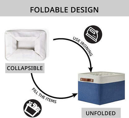 DULLEMELO Fabric Storage Basket for Closets,15x11x9.5 inch Foldable Storage Basket Bin with Handles for Office, Closet,Bedroom (White&Blue,1 Pack)