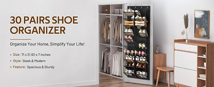 30 Pairs Over the Door Shoe Organizer, Hanging Shoe Organizer with 4 Metal Hooks, Large Capacity Breathable Mesh Shoe Rack for Closet Door, Multi-Pocket Storage for Shoes, Hats, Toys, Towels