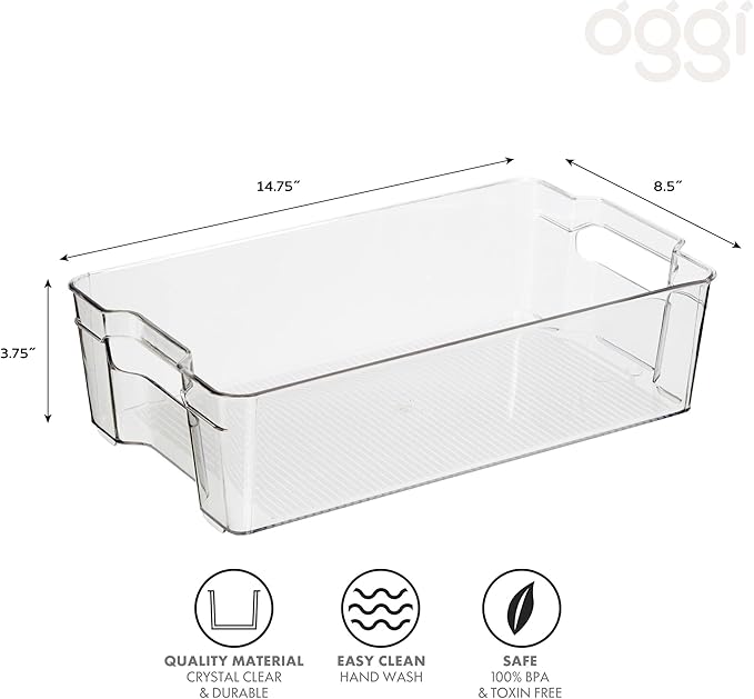 OGGI Stackable Storage Bin With Handle - Large (14.75" x 8.5" x 3.75") - Ideal for Kitchen Organization, Pantry Storage, Fridge Organizing, Clear