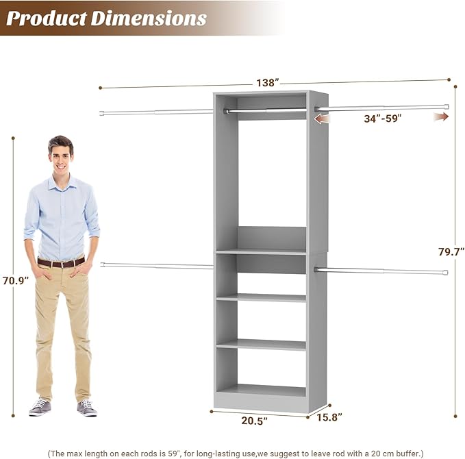 12FT Large Open Closet System, 138'' Wall-Mounted Closet Shelving with 5 Hanging Rods and 6 Shelves, Customizable Wardrobe for Walk-In Closets, Fits 5–12FT Spaces, Grey