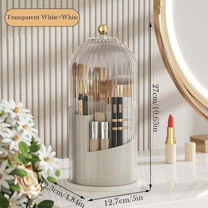 Makeup Brush Holder Organizer with Lid, 360° Rotating Clear Dustproof Cosmetics Storage, Makeup Brushes Cup Pen Holder for Vanity Desktop Bathroom Countertop (Clear White Cap)