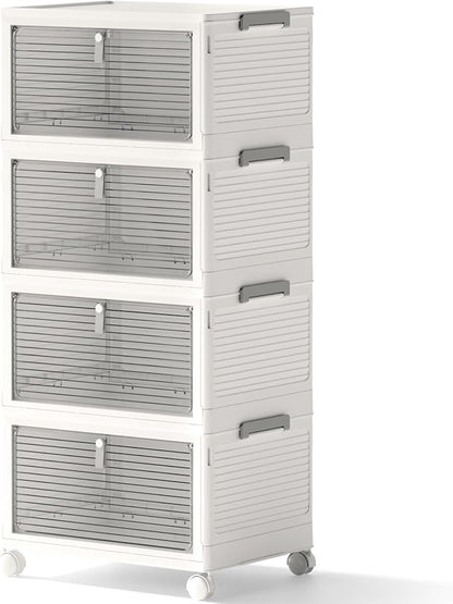 Storage Bins with Lids,4 Tier Stackable Storage Bins with Drawers,4 Pack Collapsible Plastic Storage Boxes with Wheel-1 Lid,23QT Foldable Containers for Closet Living Room Bedroom Office.