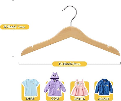 Kid Hangers 18 Pack Soild Wooden Hanger,Natural Smooth Finish Wooden Baby Hangers with Non Slip Notches & Anti-Rust 360 Swivel Hook,Durable Toddler Hanger for Coat,Shirt,Dress