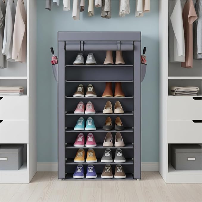 10-Tier Portable Shoe Rack, Shoe Organizer with Smooth Painted Surface Finishe, Space-Saving Shoe Shelf for Entryway, Living Room, Bedroom (Gray, 10-Tier)