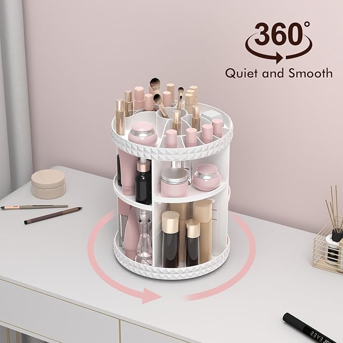 Rotating Makeup Organizer, 360° Spinning Skincare Organizers, Adjustable Layer Cosmetic Storage Lazy Susan Makeup Organizers for Dresser Bathroom, Medium, White
