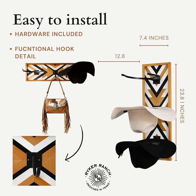 Ryker Ranch Cowboy Hat Rack for Wall | Western Hat Rack for Cowboy Hats | Wood and Metal Cowboy Hat Holder for Wall with Southwestern Style | Cowboy Hat Hanger for Western Decor