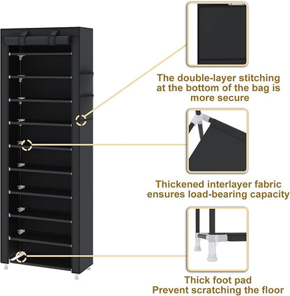UDEAR 10-Tier Free Standing Shoe Rack Sturdy Shoe Rack Organizer for Closet Entryway Stackable Shoe Shelf with Dustproof Cover,Black