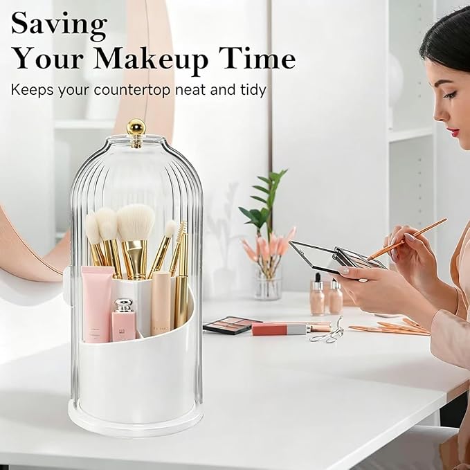 360° Rotating Makeup Brush Holder, Cosmetic Organizer with 180° Sliding Lid, Beauty Brush Storage for Vanity, Desk, Bathroom Countertop