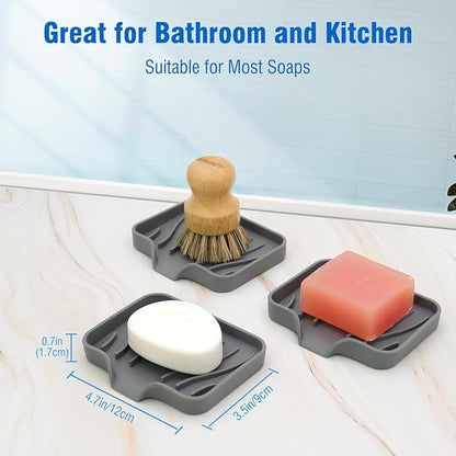AIMAIAIMAI 3-Pack Silicone Soap Dish Set – Bar Soap Holder with Self-Draining Design, Easy-Clean Tray for Shower, Bathroom, Kitchen, and Tub (Gray)