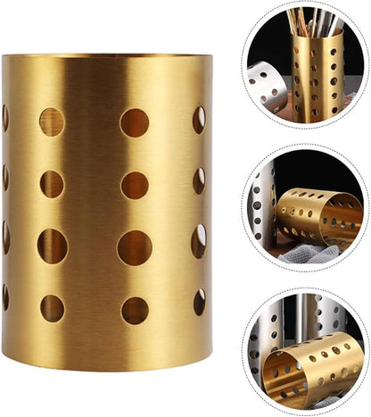 NERDOH Stainless Steel Kitchen Utensil Holder Chopstick Cutlery Holder Stand Spoon Fork Organizer Drying Rack Caddy Basket for Tableware Cooking Utensils Gold