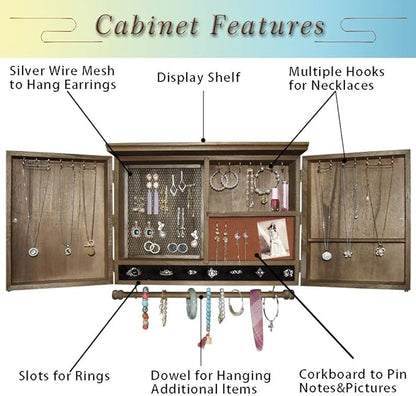 GLANT Rustic Wall Mounted Jewelry Organizer with Wooden Barndoor Decor,Wooden Wall Mount Holder,Jewelry holder for Necklaces, Earings, Bracelets, Ring Holder. Includes matching hook organizer