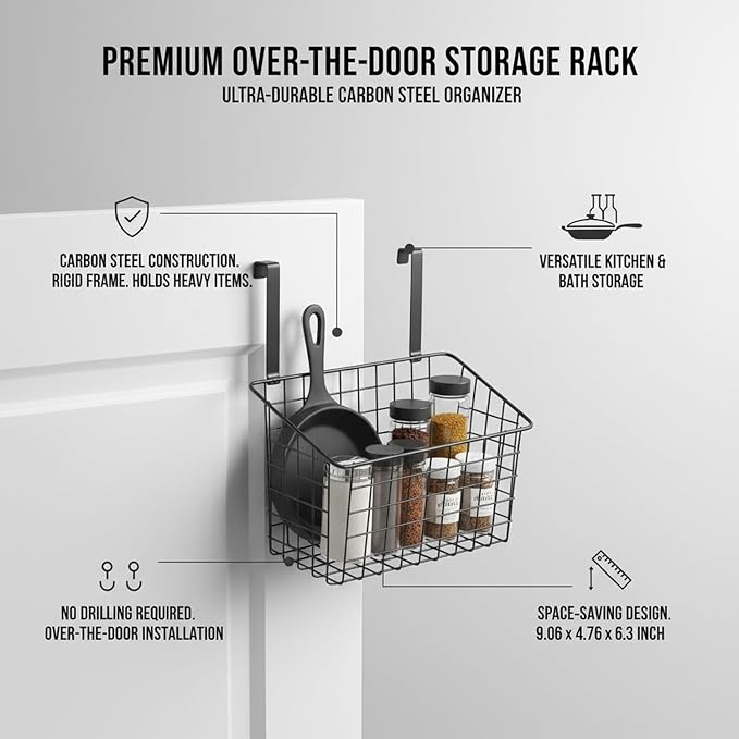 Over-the-Door Storage Rack, Carbon Steel Cabinet Organizer for Kitchen & Bathroom, Hanging Shelf for Pots Pans Towels, No Drilling Required (1 PC)